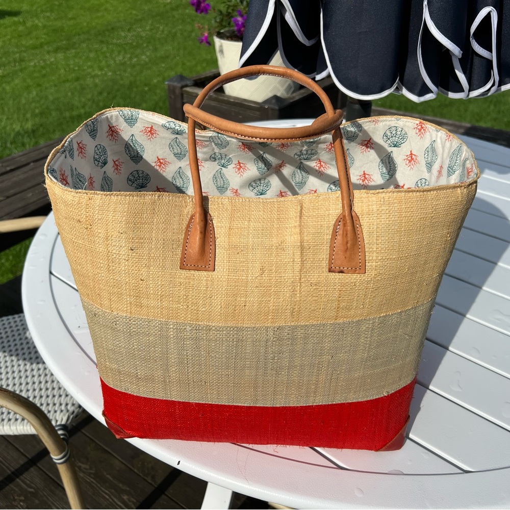 Pomegranate Inc Classic Striped Straw Tote Bag with Red Accent and Tan Handles